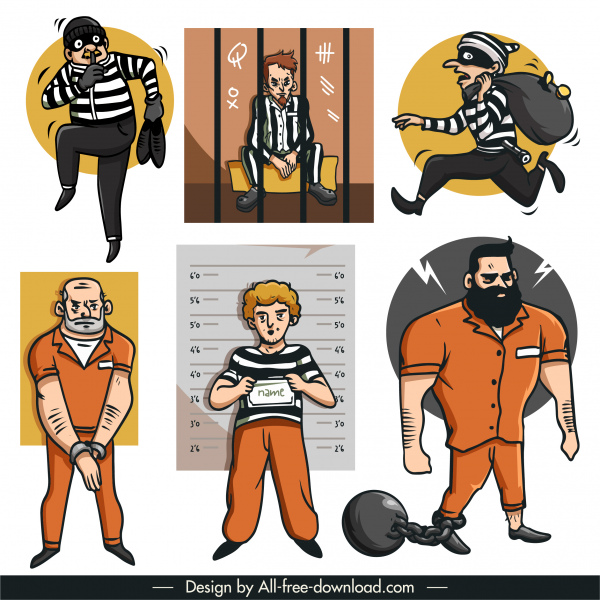 Gefangenensymbole Zeichentrickfiguren skizzieren handgezeichnetes Design