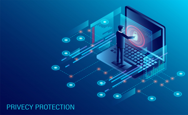 perlindungan privasi dan perangkat lunak untuk pengembangan dengan pengusaha berdiri di depan komputer dengan keamanan yang tinggi halaman web isometr