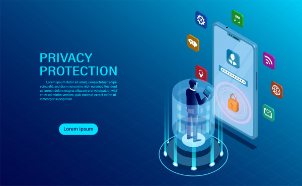 Pengusaha konsep perlindungan privasi berdiri di depan data melindungi ponsel dan kerahasiaan dengan tinggi keamanan datar ilustrasi isometrik