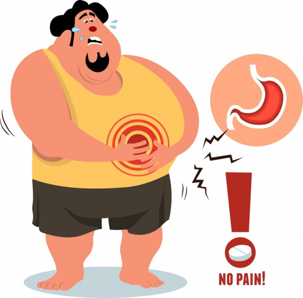 tema de saúde de fundo de problema homem gordo ícones de dor de estômago