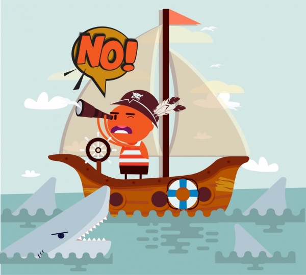 проблема фон пиратский корабль акула иконы Мультфильм символов
