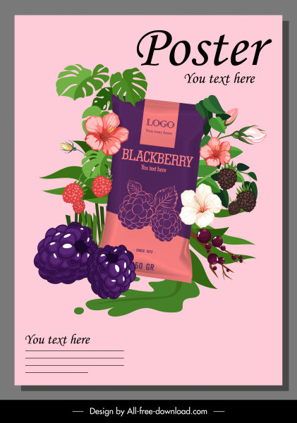 cartel de publicidad de productos elegante decoración de flores de frutas de mora