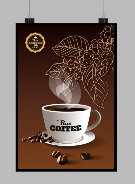 Ly cà phê thuần khiết biểu tượng quảng cáo thiết kế lá nâu