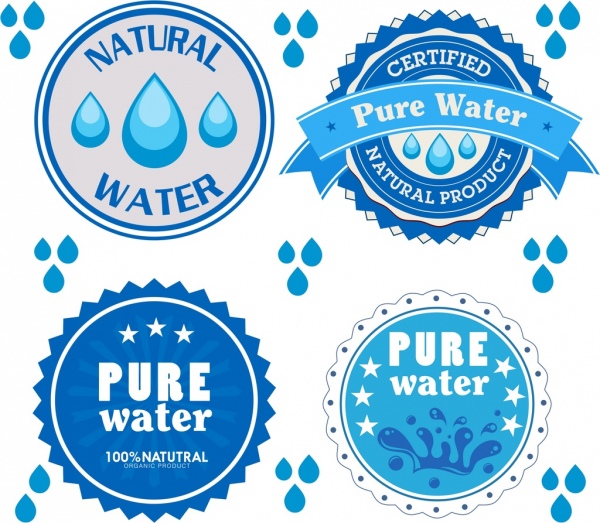 Gotas de agua pura logotipos circulos azules aislamiento icono