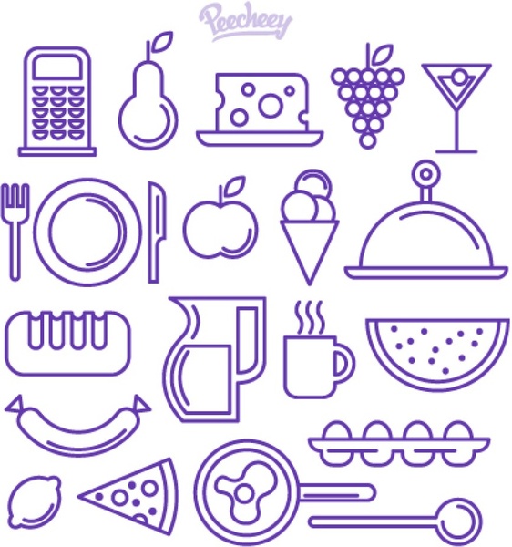 紫の輪郭を描かれた食べ物や飲み物アイコン