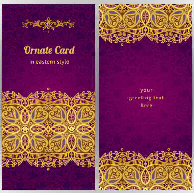 ungu dengan kartu ucapan hiasan emas vektor