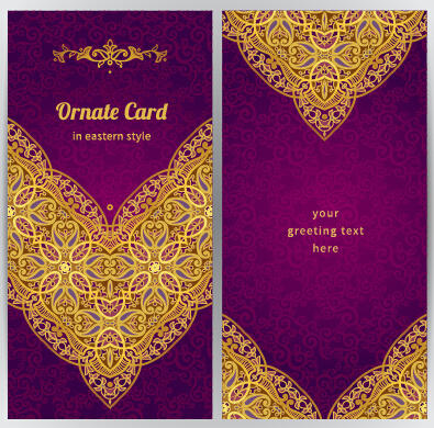 púrpura con el vector de oro adornado tarjetas de felicitación