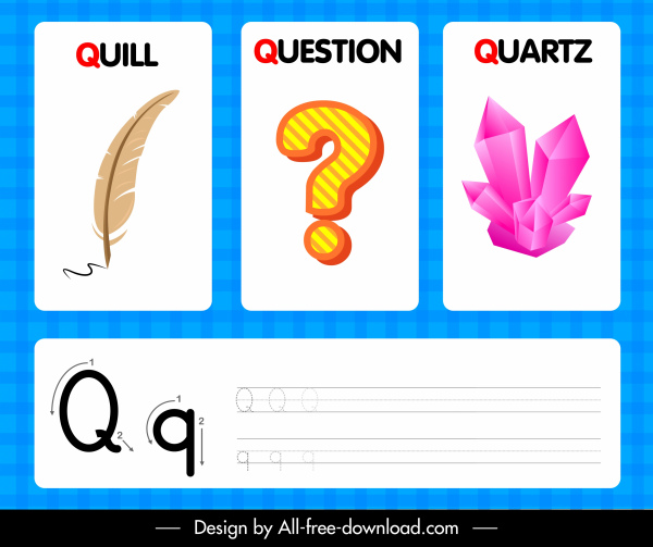 q alfabeto de aprendizaje banner quill pregunta formas de cuarzo