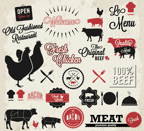 Etiquetas de la carne de calidad con el vector de elementos restaurante
