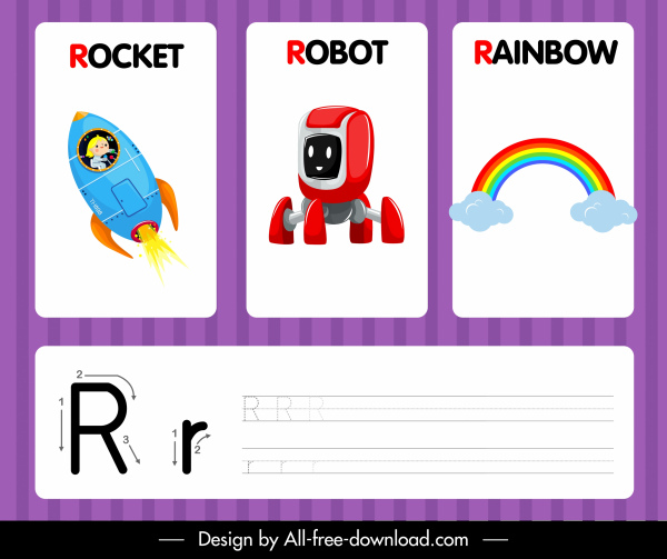 r Alphabet Studie Vorlage Rakete Roboter Regenbogen Skizze