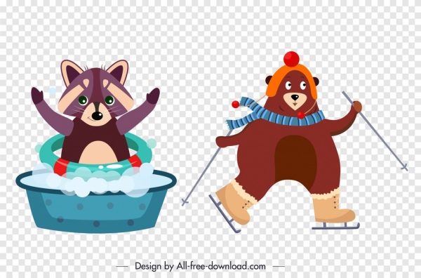 енот медведь животного значки милый мультфильм стилизованный эскиз