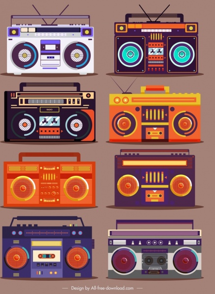 Radio ikon berwarna-warni vintage sketsa