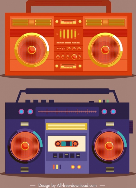 ラジオのアイコンのビンテージ デザインの暗いオレンジ バイオレット インテリア