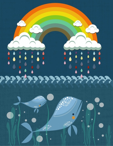 Cầu vồng nền biểu tượng cá voi biển mây mưa rơi.