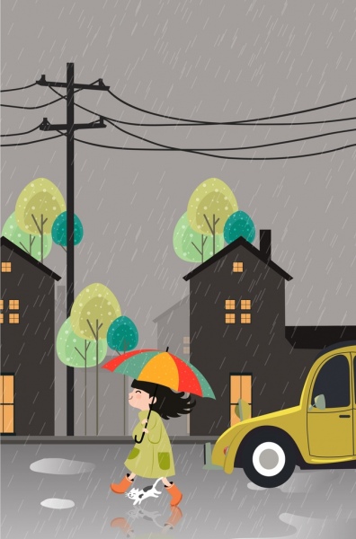 regnerischen Hintergrund Mädchen Haustier Regenschirm Symbole farbige cartoon