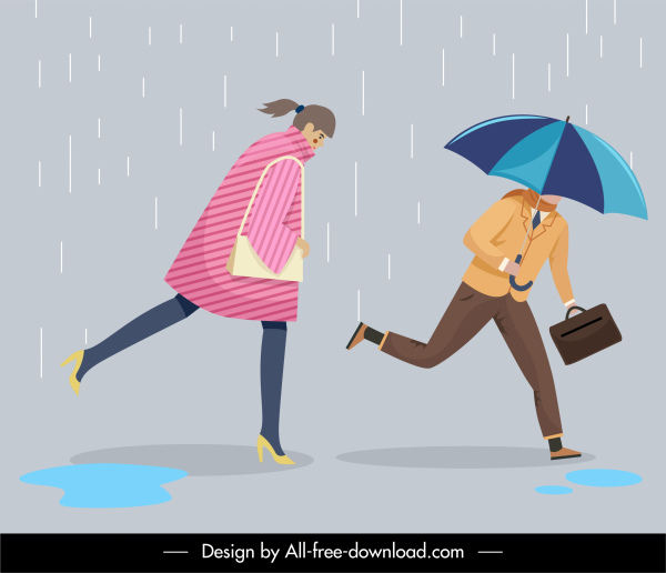 Rainy Day Background Running People Cartoon Characters Sketch-vector Cartoon-free  Vector Free Download
