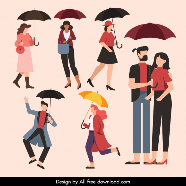 iconos de moda lluviosa gente paraguas boceto