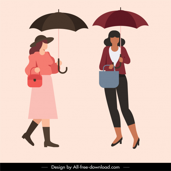 ícones da moda chuvoso guarda-chuva elegante mulheres esboçam