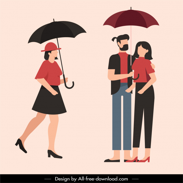 Regenzeit Mode Regenschirm Leute skizzieren Cartoon Design