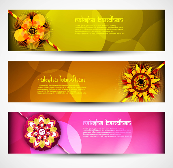 Raksha bandhan perayaan terang warna-warni tiga header vektor ilustrasi