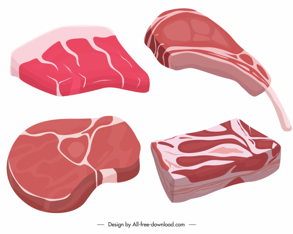 iconos de carne cruda coloreado boceto en 3D