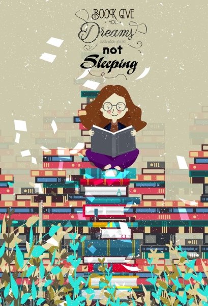 czytanie banner dziewczyna książkę stack ikon kolorowy rysunek