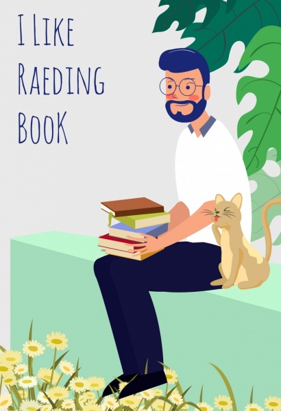 чтение книги баннер человек кошку иконы цветной мультфильм