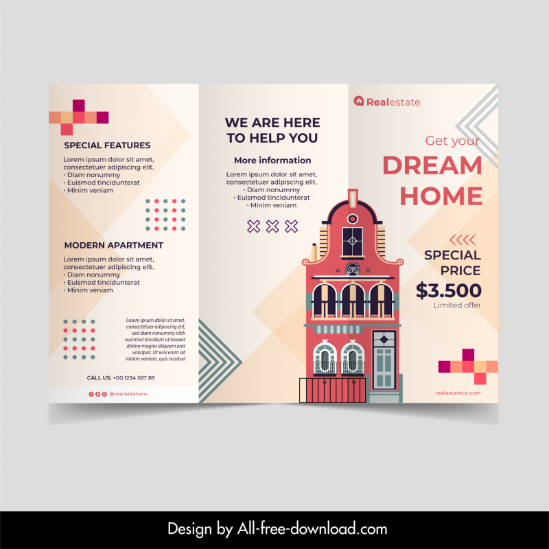 Modèle de brochure immobilière élégant décor géométrique design à trois volets