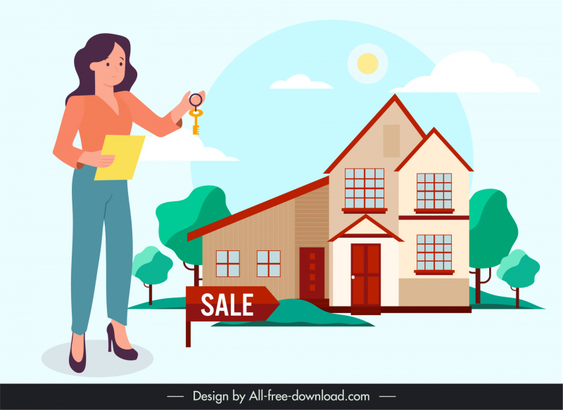 Real Estate Broker Job Design Elements Businesswoman House Sketch Real Estate Broker Job Design Elements Businesswoman House Sketch