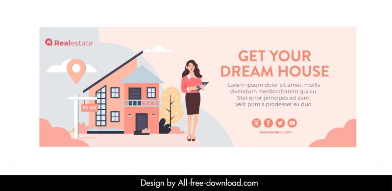 Modèle de couverture Facebook immobilier élégant croquis de dessin animé plat