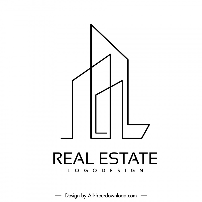 plantilla de logotipo de bienes raíces negro blanco líneas planas estilizada boceto de la casa