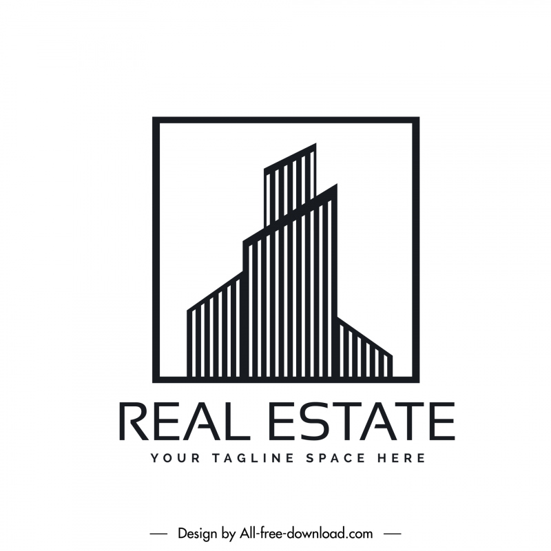 plantilla de logotipo de bienes raíces negro blanco plano estilizado líneas de la casa contorno