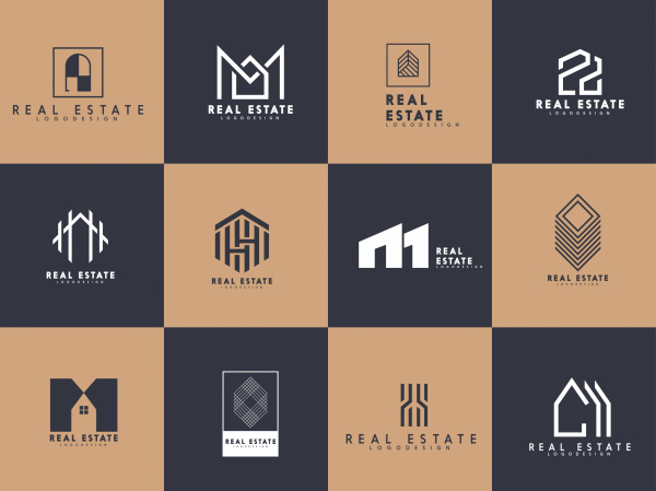 Immobilien-Logo-Vorlagen flache Formen Skizze