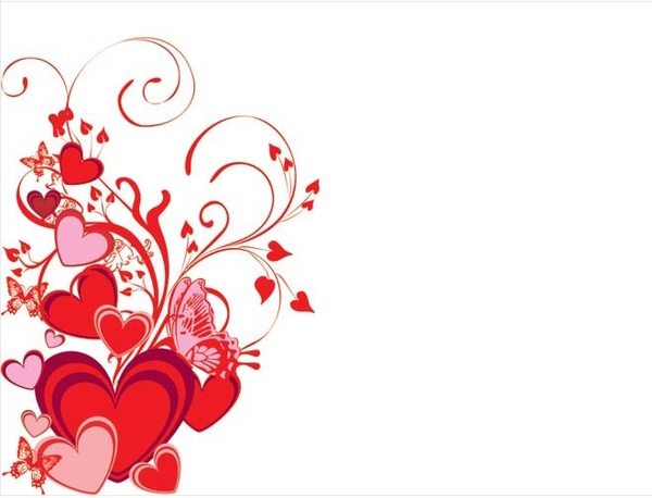 Red Heart And Butterfly Floral Curls Design Poster Valentine Vector