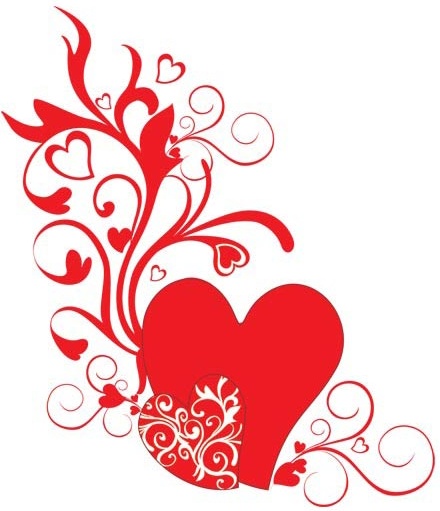 Red Heart Floral Curls Design Valentine Day Vector