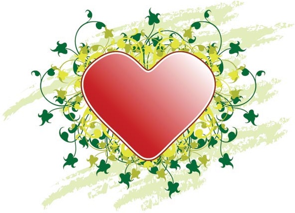 Red Heart On Green Floral Heart Pattern Valentine Vector