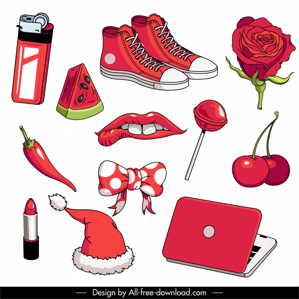 iconos de objetos rojos dibujados a mano boceto