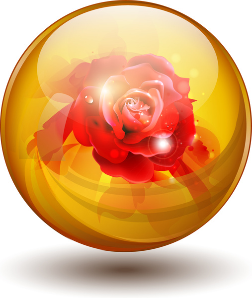 オーブ球体内部の赤いバラの花