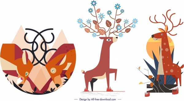 Icone di renna imposta personaggi dei cartoni animati colorati