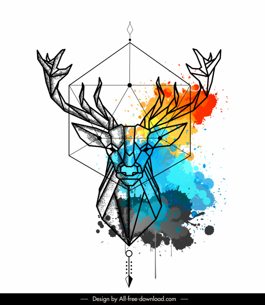 modèle de tatouage de renne symmétrique lowpoly coloré décor grunge