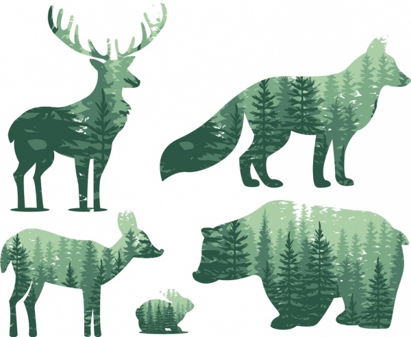 Renos Fox Bear conejo iconos paisaje diseño de silueta