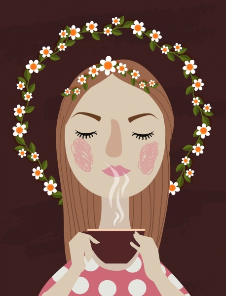 リラックスした女性の花の花輪茶カップ装飾を描画