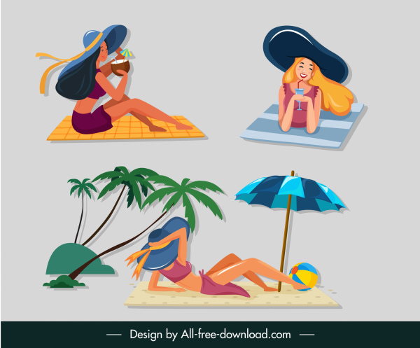 détendant girl icônes plage vacances croquis personnages de dessins animés