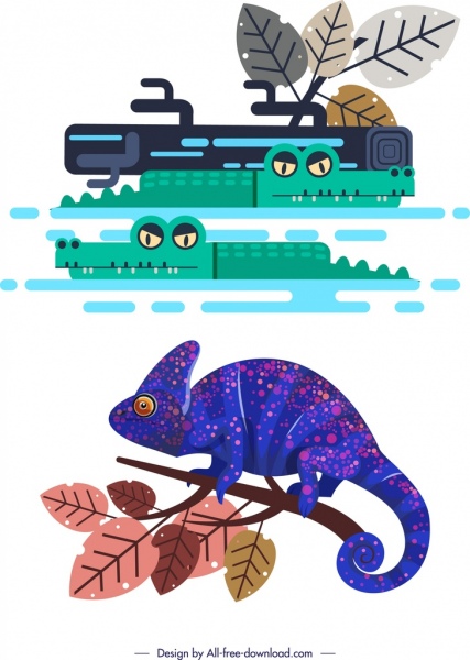 elementos de diseño de especies de reptiles iconos de gecko cocodrilo