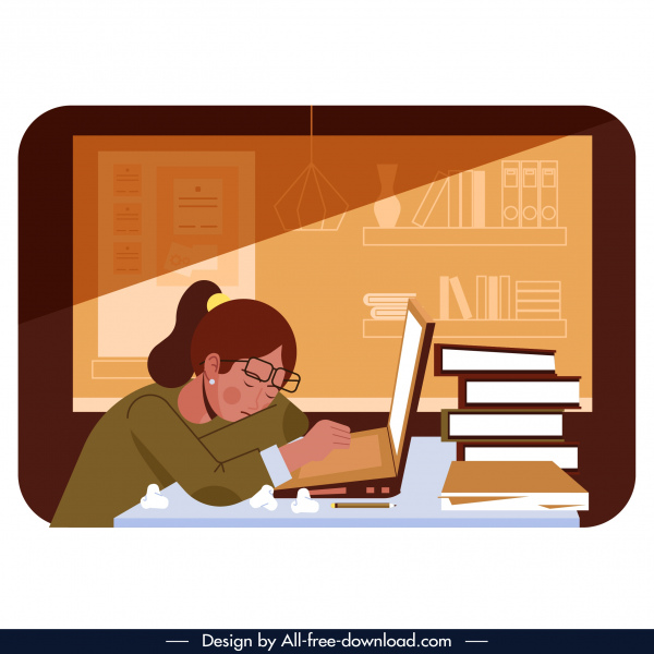 Research Background Sleepy Student Book Stack Cartoon Design-vector  Background-free Vector Free Download