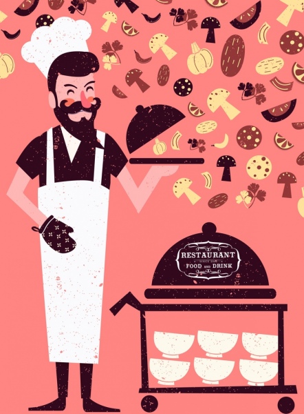 ristorante pubblicità banner cuoco ingredienti fette icone decori