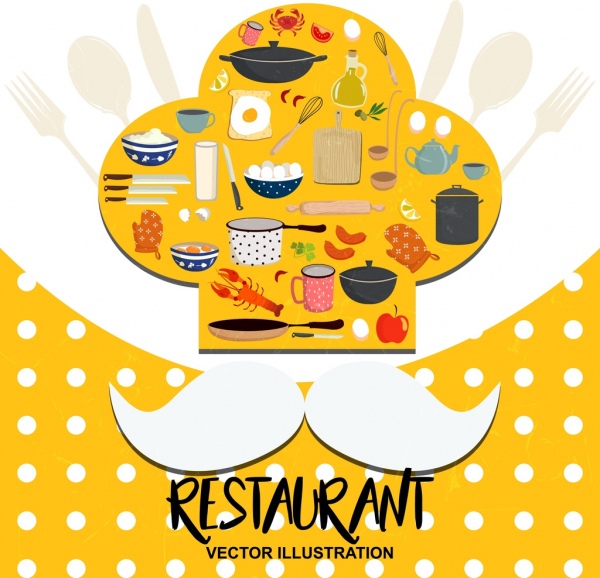 Restaurante chef chapéu moustach utensílios ícones decoração de publicidade