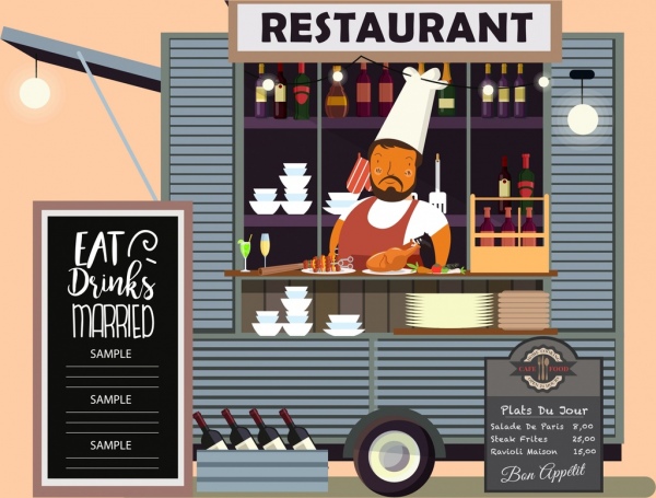 Restoran latar belakang mobile stan memasak ikon kartun desain