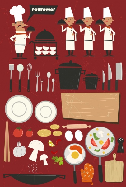 Restaurante design elementos chef garçom comida kitchenwares ícones