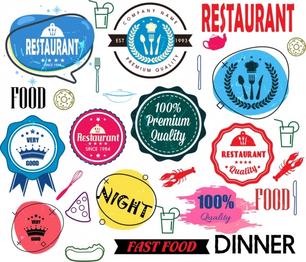 ห้องอาหารออกแบบองค์ประกอบตกแต่งคลาสสิกกรันจ์ logotypes ไอคอน